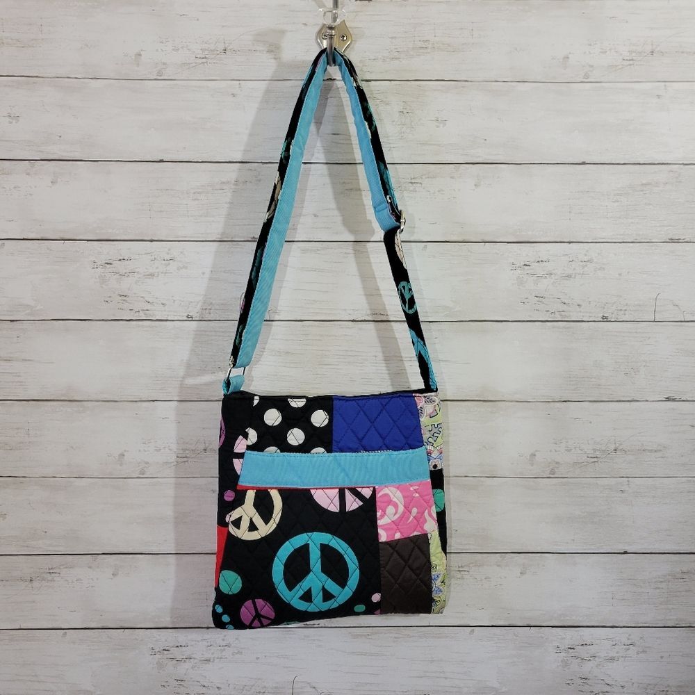 Vintage Handmade Quilted Patchwork Boho Peace Sign Groovy‎ Y2K Crossbody Bag